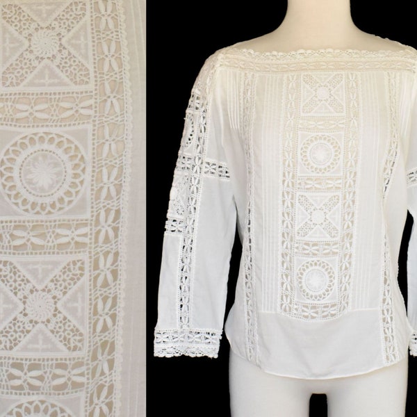 Vintage Y2K Ralph Lauren Polo White Cotton Blouse with Inset Lace, Romantic Bohemian Top, Size Medium M