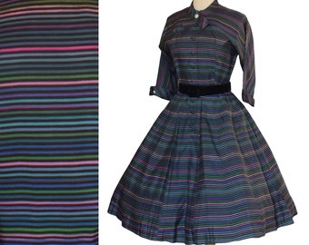 Vintage 50s Dress, 1950s Shirtdress Shirt Dress, Multicolor Ribbon Stripe Silk Taffeta Full Skirted Dress, Novelty Collar, Size S Small