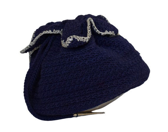 Vintage 40s Hand Crocheted Purse, Navy Blue and M… - image 3