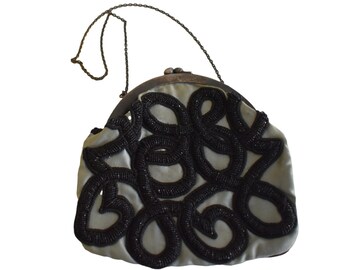 Vintage 30s Handbag, 3-D Beaded Soutache Purse, Blue Silk with Iridescent Black Bead Swirls