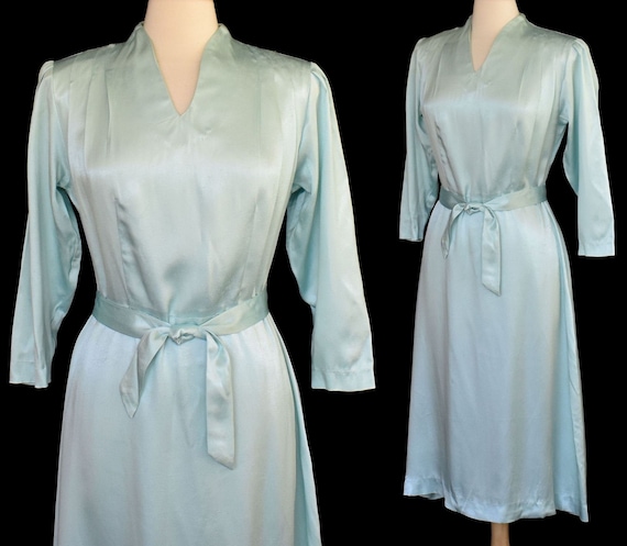 Vintage 70s does 40s Satin Cocktail Dress, Ice Bl… - image 1