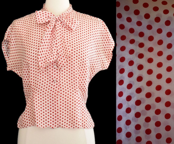 50s Silk Blouse, Red on White Polka Dot Print, Asc