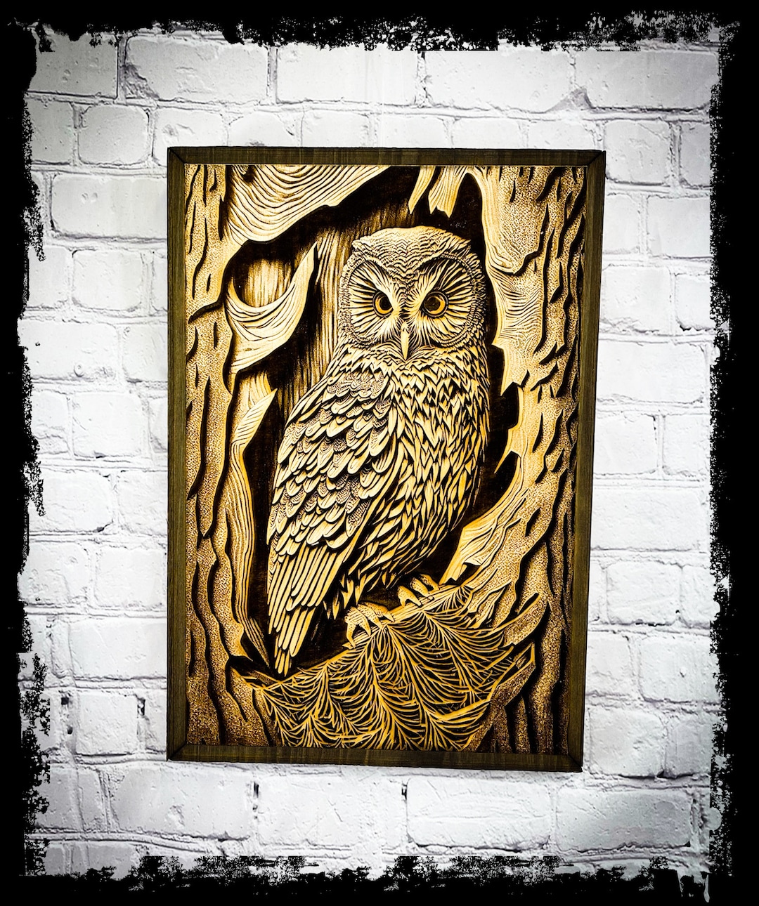 Laser Engraved Wooden Wall Art Detailed Owl in Forest Design Etsy