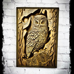 Laser Engraved Wooden Wall Art - Detailed Owl in Forest Design