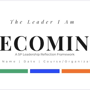 Może przedstawiać: Biała grafika z tekstem "The Leader I Am" i "BECOMING" pogrubioną czcionką. Poniżej napis "A 5P Leadership Reflection Framework". Na dole kolorowe poziome paski w kolorze różowym, zielonym, niebieskim, pomarańczowym i żółtym.