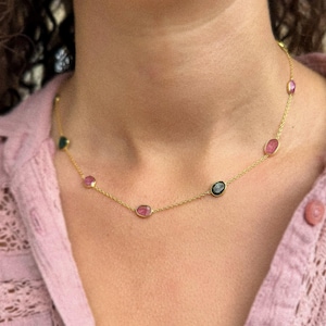Gold Plated Silver Necklace, Multitourmaline Necklace, Gemstone Necklace, Birthstone Gift, Christmas Gift