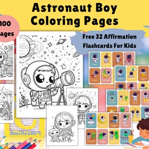 Astronauten Malseiten, Malseiten für Kinder, 32 Affirmationskarten, Astronauten Färbung, druckbare Karteikarten, Affirmation für Kinder