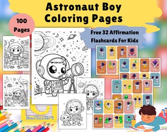 May include: Black and white colouring pages featuring an astronaut boy with a telescope, planets, and stars.  The image also includes 32 affirmation flashcards for kids with an astronaut theme.  The text on the flashcards reads "I am brave", "I am strong", "I am kind", "I am creative", "I am a good friend", "I am a good listener", "I am a good student", "I am a good reader", "I am a good writer", "I am a good artist", "I am a good musician", "I am a good athlete", "I am a good dancer", "I am a good singer", "I am a good actor", "I am a good comedian", "I am a good speaker", "I am a good leader", "I am a good follower", "I am a good helper", "I am a good listener", "I am a good friend", "I am a good person", "I am a good citizen", "I am a good student", "I am a good reader", "I am a good writer", "I am a good artist", "I am a good musician", "I am a good athlete", "I am a good dancer", "I am a good singer", "I am a good actor", "I am a good comedian", "I am a good speaker", "I am a good leader", "I am a good follower", "I am a good helper", "I am a good listener", "I am a good friend", "I am a good person", "I am a good citizen".