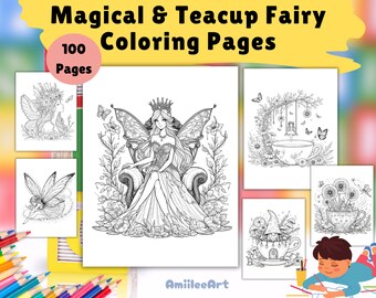 May include: A set of 100 coloring pages featuring magical teacup fairies. The pages include fairies with wings, fairies sitting in teacups, and fairies in gardens. The coloring pages are perfect for adults and children who enjoy fantasy and whimsical art.