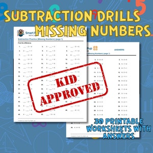 Può includere: Un set di 30 fogli di lavoro di sottrazione stampabili con numeri mancanti. I fogli di lavoro sono progettati per i bambini e sono approvati dai bambini. I fogli di lavoro includono le risposte.