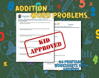 May include: A printable worksheet with 24 addition word problems for kids. The worksheet features a red stamp that says "Kid Approved" and the text "Addition Word Problems".