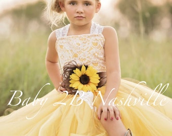 Yellow Sunflower Dress Yellow Dress Lace Dress Tulle dress Wedding Dress Birthday Dress Toddler Tutu  Dress  Sunflower Girls Dress