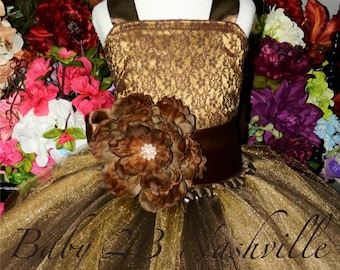 Lace Flower Girl Dress with Brown Lace and Dark Gold Satin with brown Sash and Flower Rustic Wedding Flower Girl Dress  All Sizes Girls