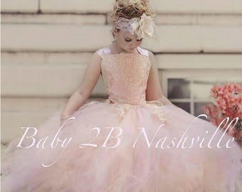 Flower Girl Dress Pink Blush Dress Princess Dress Tulle Dress Ivory Lace Dress Wedding Dress Birthday Dress Tutu Dress Girls Dress