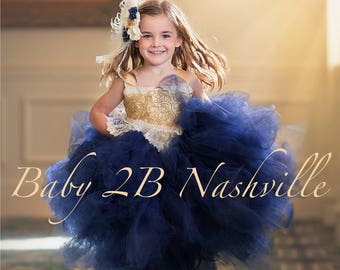 Navy and Gold Flower Girl Tulle Dress, Navy Tutu Dress