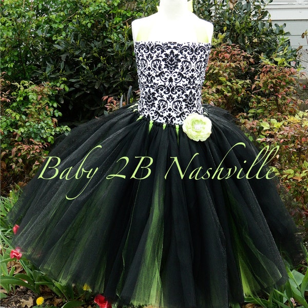 Damask Lime Flower Girl Dress, Wedding Flower Girl  Dress, Black and Lime Dress,Wedding Flower Girl Tutu Dress