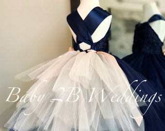 Navy Flower Girl Dress Silver and Blush Bustle Navy Dress Blue Dress