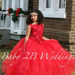 Gorgeous red satin top with raised flowers sets off the full length (or shorter if you like) red skirt on this 2 piece tutu dress
