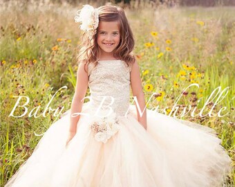 Ivory Lace Flower Girl Dress, Nude Underlay, Ivory Tulle Dress, Wedding Dress, Champagne Dress, Toddler Tutu Dress, Girls Dress