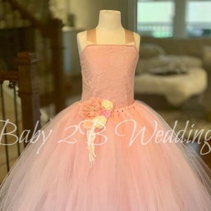 Pink Blush Flower Girl Dress, Wedding Dress, Lace Dress, Champagne Lace with Blush Underlay, Girls Tulle Dress, Toddler Tutu Dress image 4