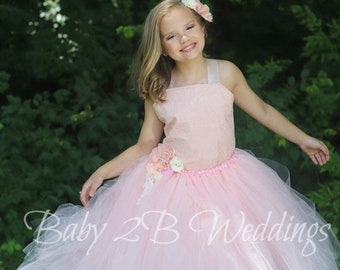 Pink Blush Flower Girl Dress, Wedding Dress, Lace Dress,  Champagne Lace with Blush Underlay, Girls Tulle Dress, Toddler Tutu Dress