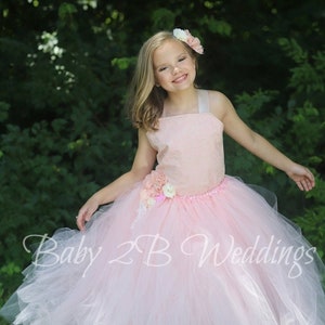 Pink Blush Flower Girl Dress, Wedding Dress, Lace Dress, Champagne Lace with Blush Underlay, Girls Tulle Dress, Toddler Tutu Dress image 1