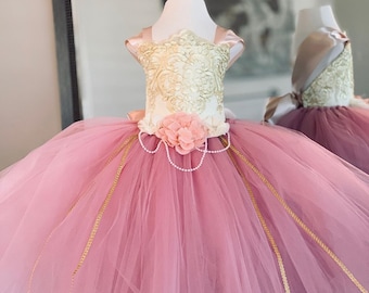 Rose Mauve Dress Flower Girl Dress Gold Dress Tulle Dress  Wedding Dress Birthday Dress Toddler Tutu Dress Pink Girls Dress