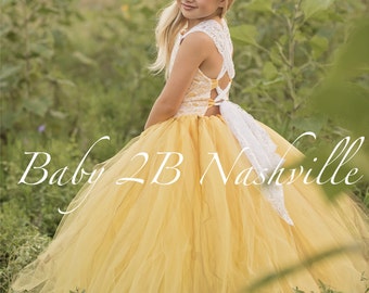 Yellow Flower Girl Dress Shabby Chic Lace Dress Tulle dress Wedding Dress Birthday Dress Toddler Dress Girls Dress