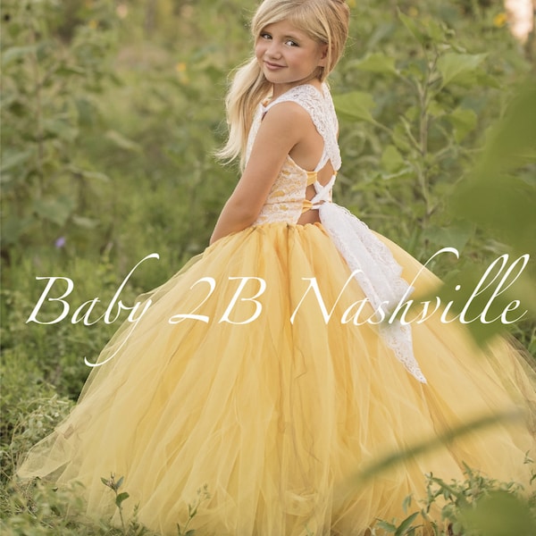 Yellow Flower Girl Dress Shabby Chic Lace Dress Tulle dress Wedding Dress Birthday Dress Toddler Dress Girls Dress