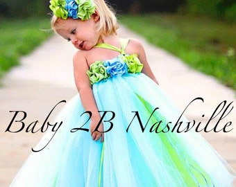 Flower Girl Dress  Wedding Flower Girl Dress in blue and Lime  All Sizes Girls