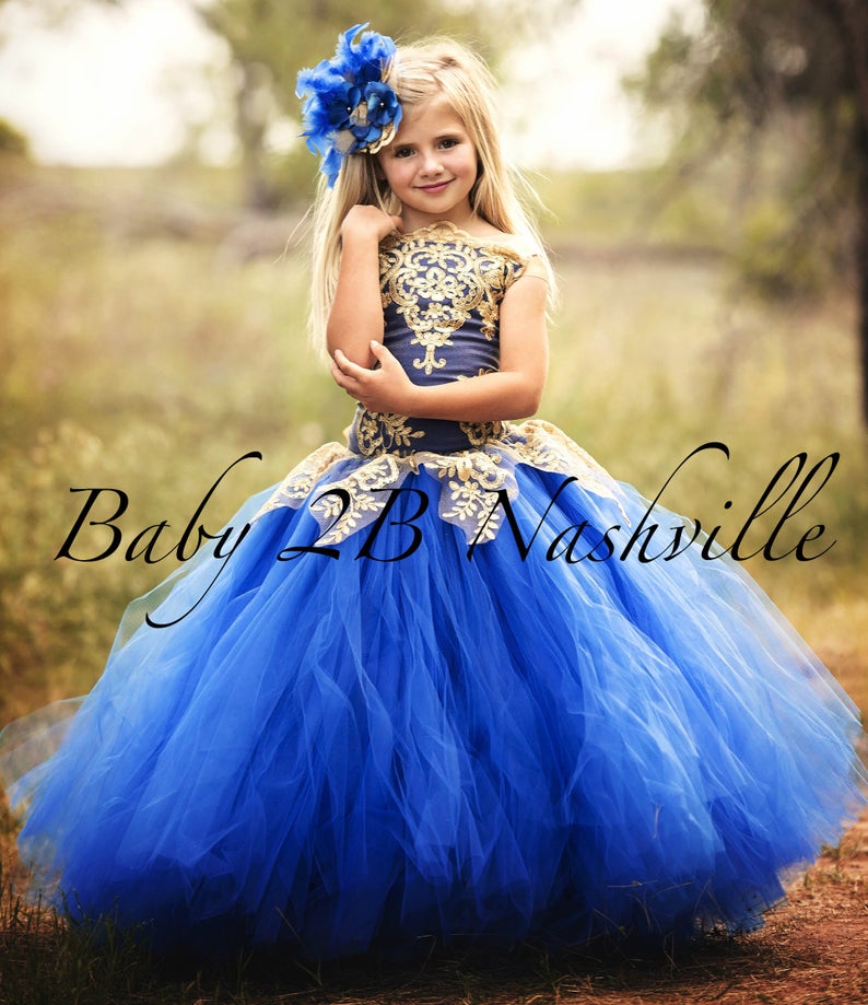 Royal Blue Dress Gold Dress Flower Girl Dress Princess Dress Etsy