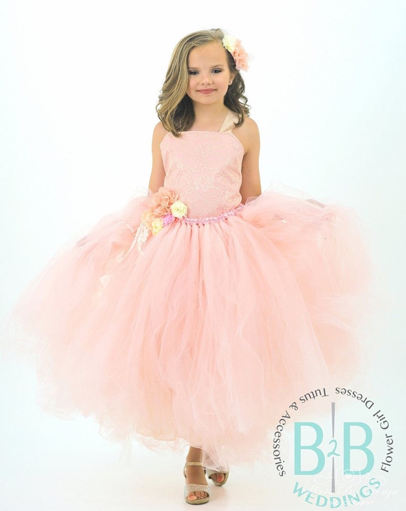 Pink Blush Flower Girl Dress, Wedding Dress, Lace Dress, Champagne Lace with Blush Underlay, Girls Tulle Dress, Toddler Tutu Dress image 3