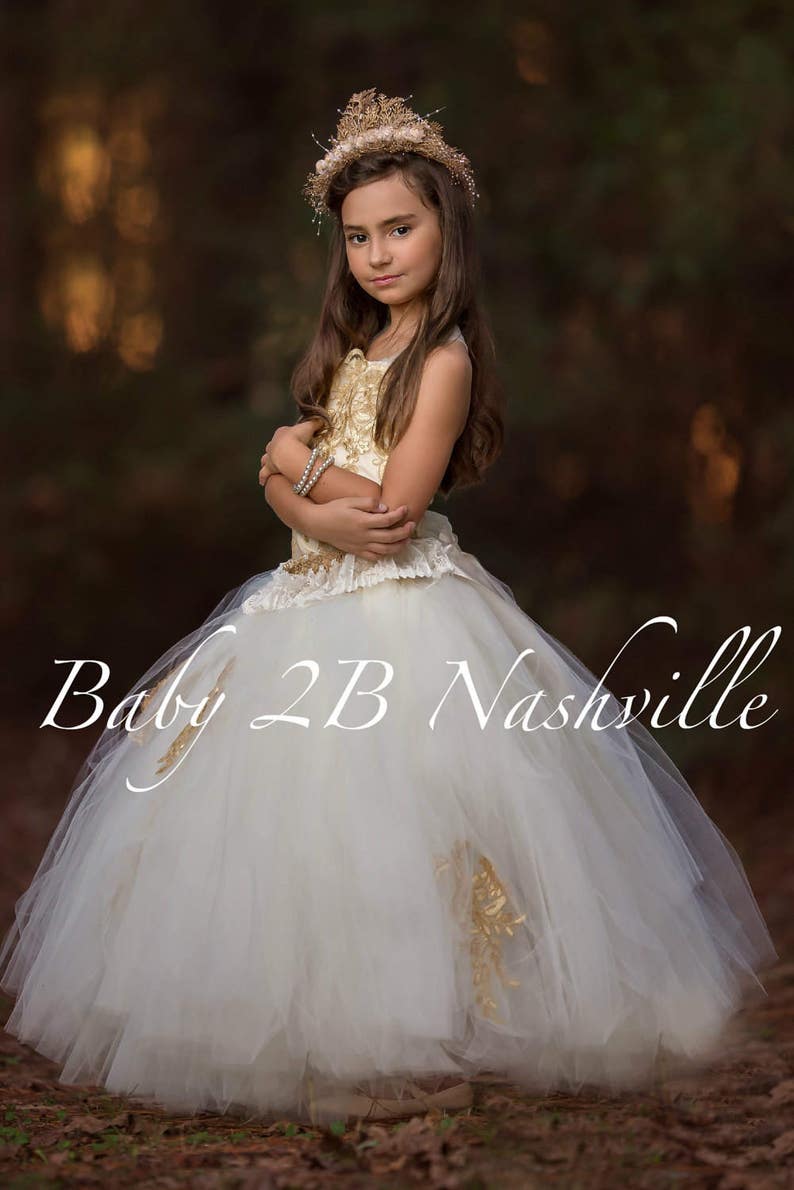 Gold Lace Dress Flower Girl Dress Ivory Dress Gold Dress Tulle Dress Party Dress Birthday Dress Wedding Dress Toddler Tutu Dress Girls Dress image 1