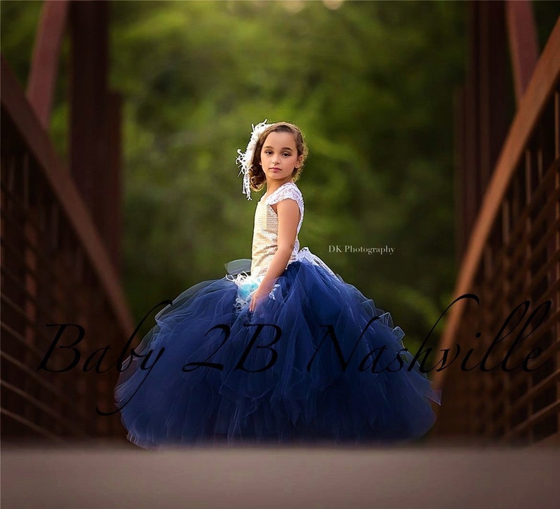 Gold Sequin Dress Flower Girl Dress Navy Dress Tulle Dress Wedding Dress Party Dress Birthday Dress Toddler Tutu Dress Girls Dress