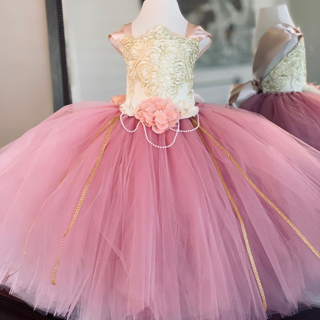 Rose Mauve Dress Flower Girl Dress Gold Dress Tulle Dress Wedding Dress