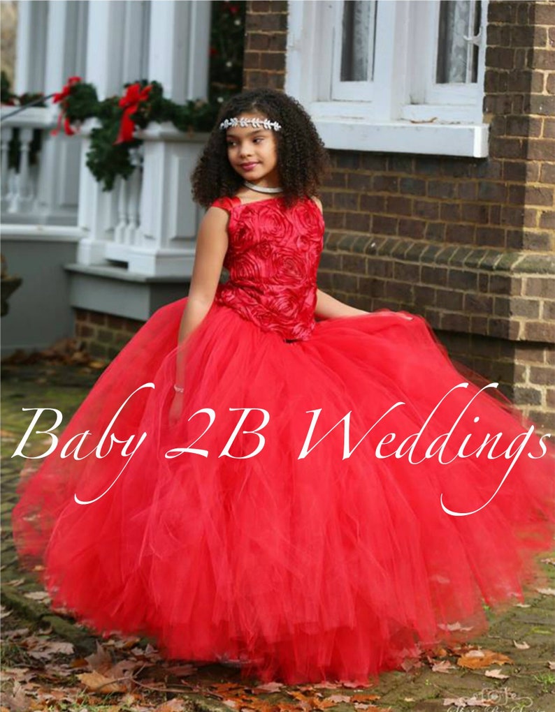 Gorgeous red satin top with raised flowers sets off the full length (or shorter if you like) red skirt on this 2 piece tutu dress