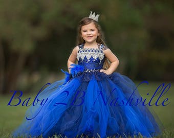 Royal Dress Flower Girl  Dress Navy Dress Lace Dress Wedding Dress Toddler Tutu Dress  Girls Dress Party Dress Portrait Dress Pageant Dress