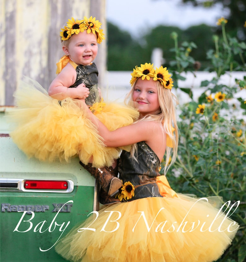 Camo Dress Yellow Sunflower Dress Flower Girl Dress Wedding image 0