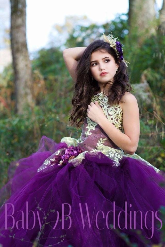 Plum Dress Gold Dress Flower Girl Dress Princess Dress Tulle Dress