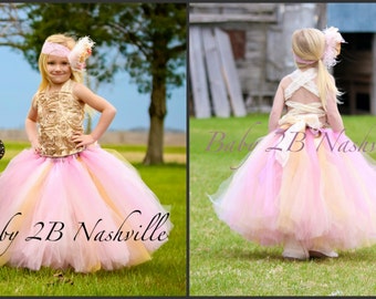 Gold Dress Wedding Dress Flower Girl Dress Satin Rosette Dress Pink Dress Baby Dress Toddler Dress Tulle Dress Tutu Dress Girls Party Dress
