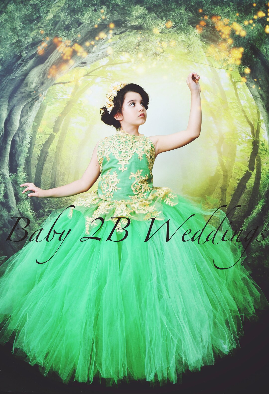 Emerald Green Dress Gold Dress Flower Girl Dress Princess Dress Tulle Dress Lace Dress Wedding