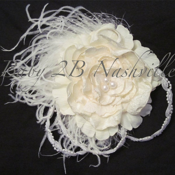 Wedding Hairpiece ,Wedding Fascinator, Handmade  Cabbage Rose, Feather Fascinator, Ivory and White Bridal Flower