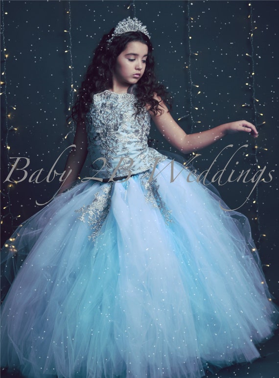 Amazing Gown Style Light Blue Flower Princess Girl Wedding Dress