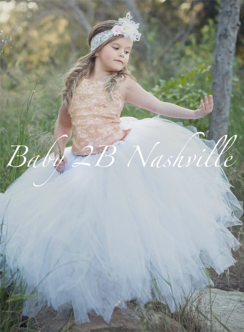 rose gold and white flower girl dress