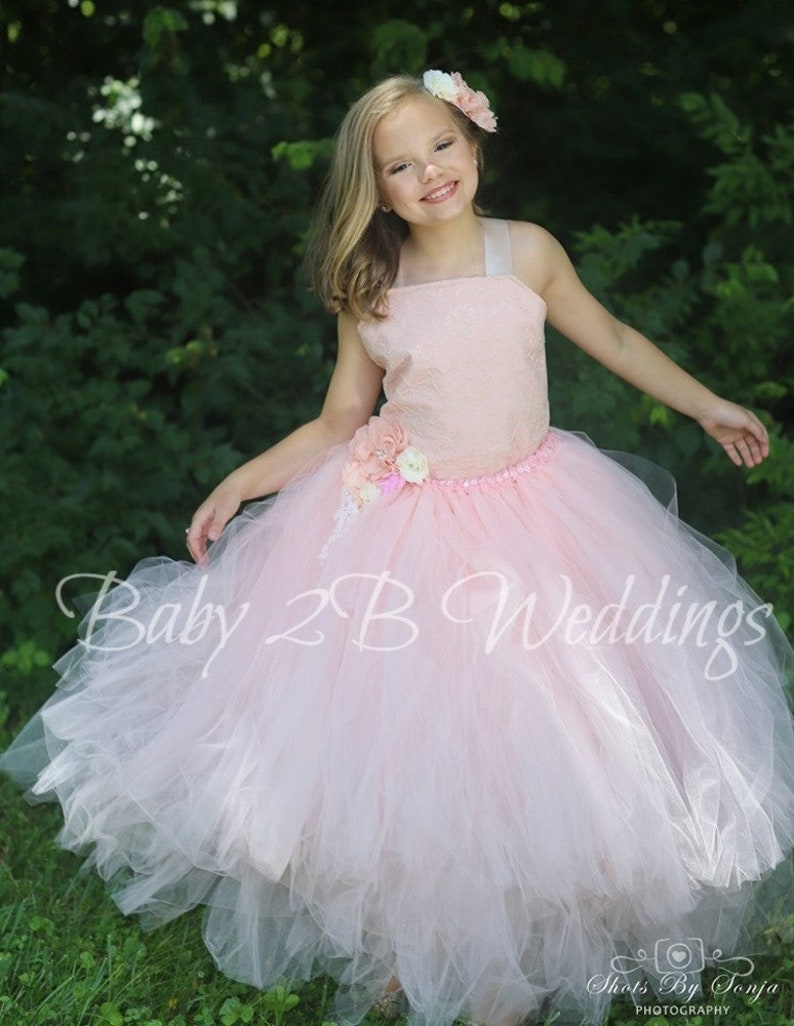 Pink Blush Flower Girl Dress, Wedding Dress, Lace Dress, Champagne Lace with Blush Underlay, Girls Tulle Dress, Toddler Tutu Dress image 1