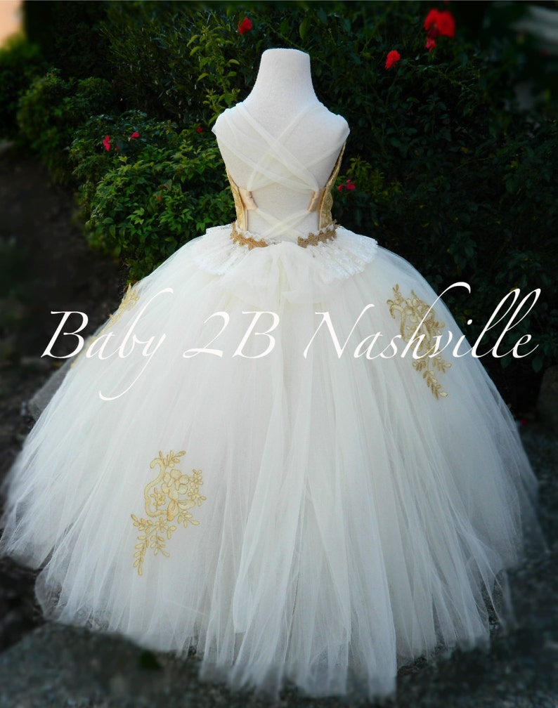 Gold Lace Dress Flower Girl Dress Ivory Dress Gold Dress Tulle Dress Party Dress Birthday Dress Wedding Dress Toddler Tutu Dress Girls Dress image 4