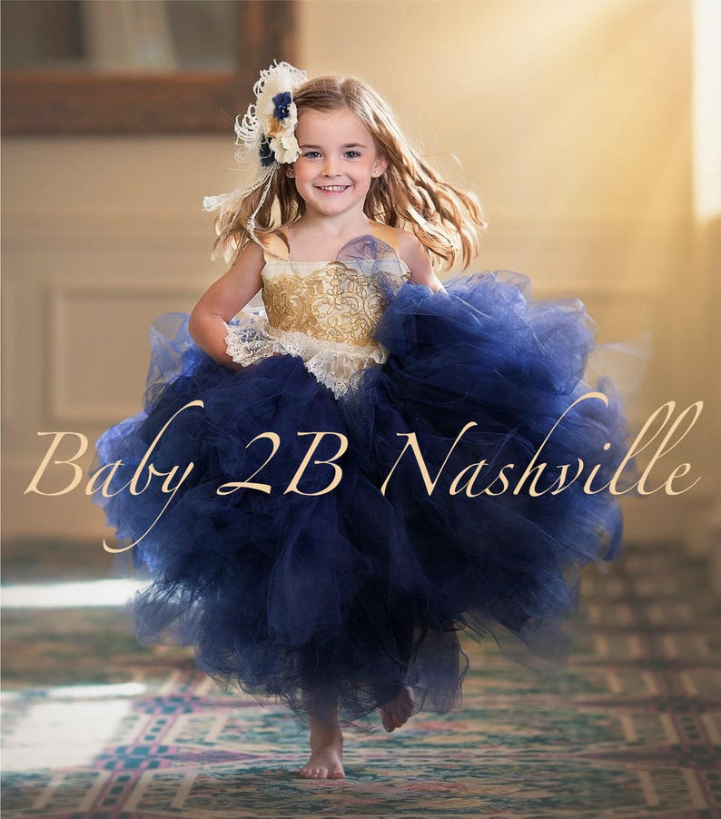 Navy and Gold Flower Girl Tulle Dress, Navy Tutu Dress