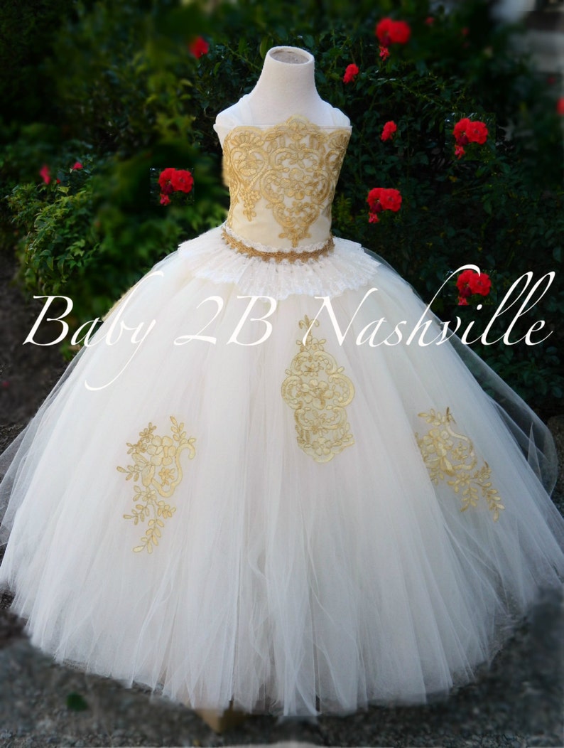 Gold Lace Dress Flower Girl Dress Ivory Dress Gold Dress Tulle Dress Party Dress Birthday Dress Wedding Dress Toddler Tutu Dress Girls Dress image 5