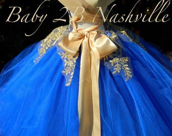 Royal Blue Dress Gold Dress Flower Girl Dress Princess Dress Tulle