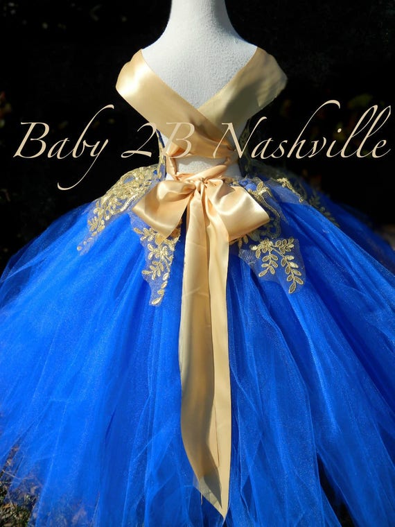 Kids Dream 498 Royal Blue Dupioni Tulle Dress w/ Gold Sequins V-Back &Bow -  Pink Princess